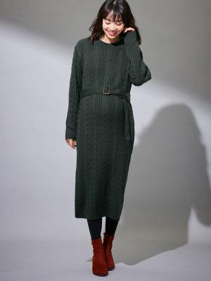 マタニティ ワンピース|Vicente for mom（ヴィセンテフォーマム）ケーブルニットワンピース　マタニティ・授乳服|グリーン