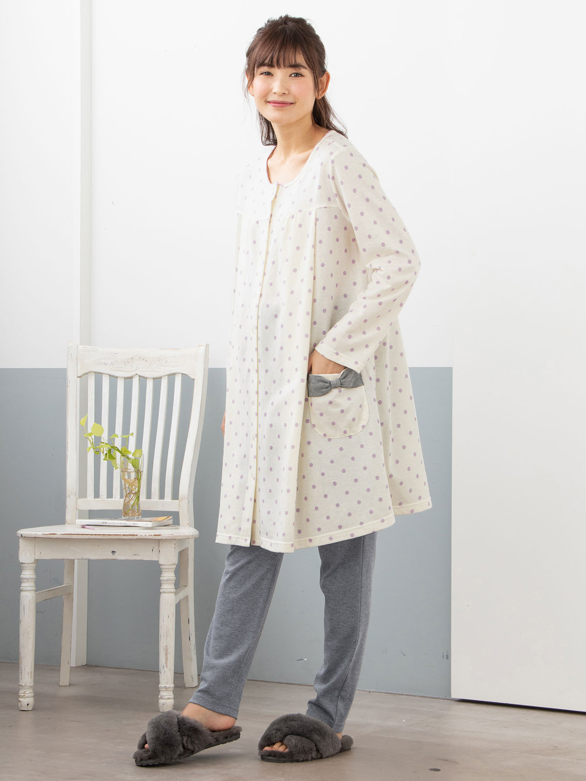 マタニティ パジャマ・ルームウェア|mutti ei（ムッティアイ）【授乳口付】ガーゼ裏毛ドットプリント×スムース無地パンツ|アイボリー