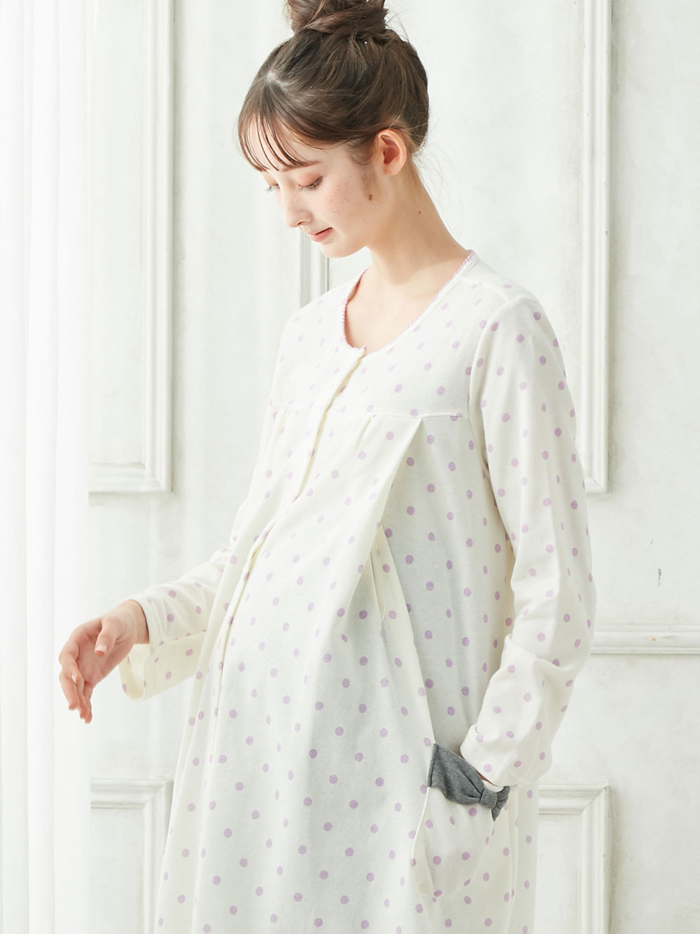 マタニティ パジャマ・ルームウェア|mutti ei（ムッティアイ）【授乳口付】ガーゼ裏毛ドットプリント×スムース無地パンツ|アイボリー