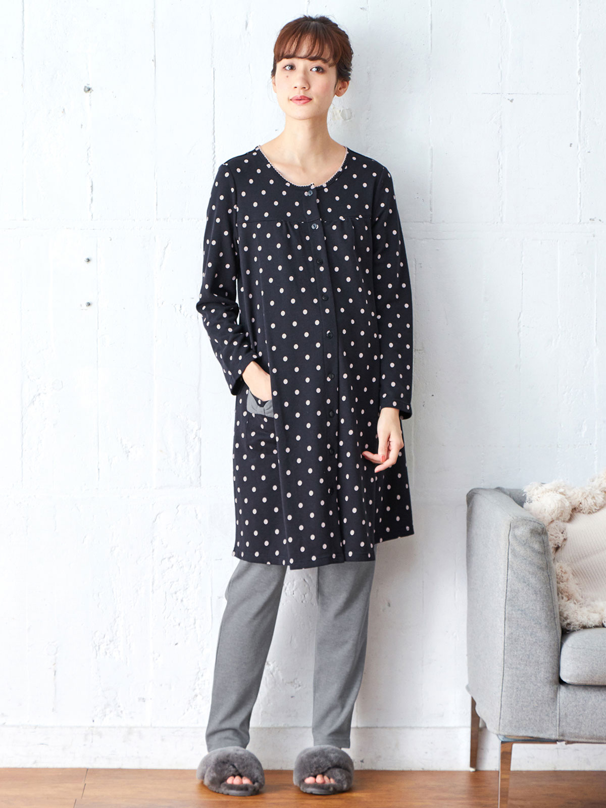 マタニティ パジャマ・ルームウェア|mutti ei（ムッティアイ）【授乳口付】ガーゼ裏毛ドットプリント×スムース無地パンツ|ネイビー