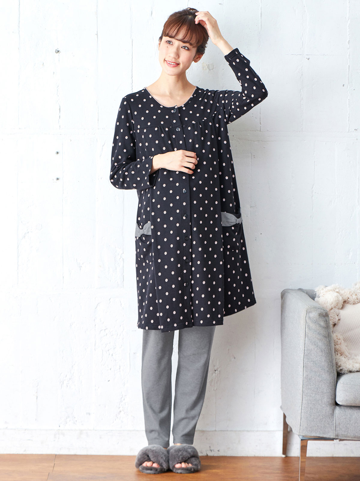 マタニティ パジャマ・ルームウェア|mutti ei（ムッティアイ）【授乳口付】ガーゼ裏毛ドットプリント×スムース無地パンツ|ネイビー