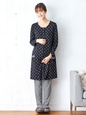 マタニティ パジャマ・ルームウェア|mutti ei（ムッティアイ）【授乳口付】ガーゼ裏毛ドットプリント×スムース無地パンツ|ネイビー