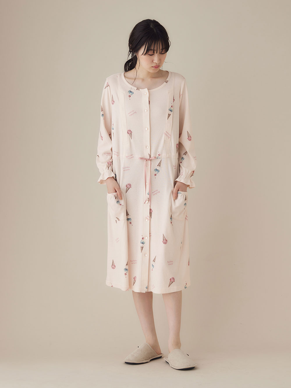 マタニティ パジャマ・ルームウェア|【授乳口付】スムースアイスクリームプリント×無地パンツ2WAYパジャマ|ピンク