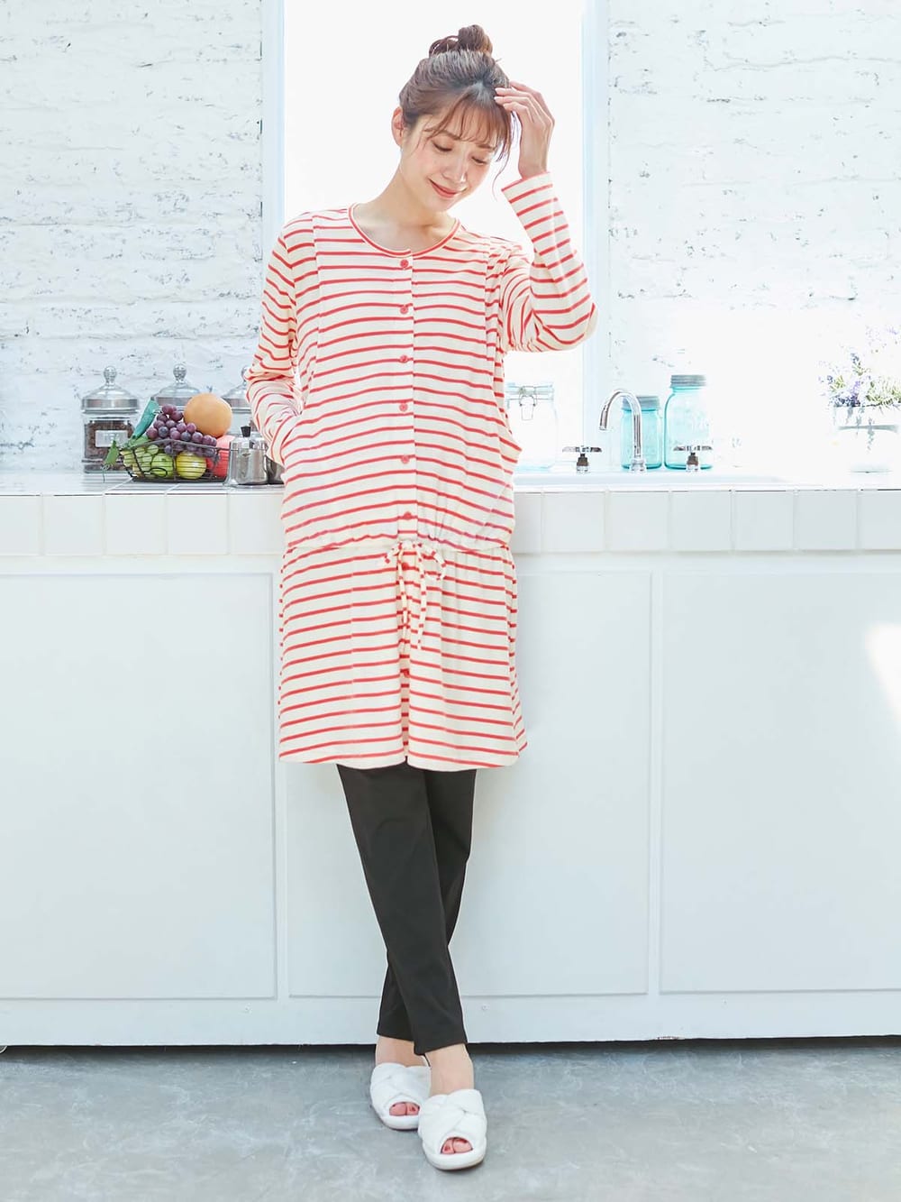 マタニティ パジャマ・ルームウェア|mutti ei（ムッティアイ）【授乳口付】スムースボーダーパジャマ|アイボリー