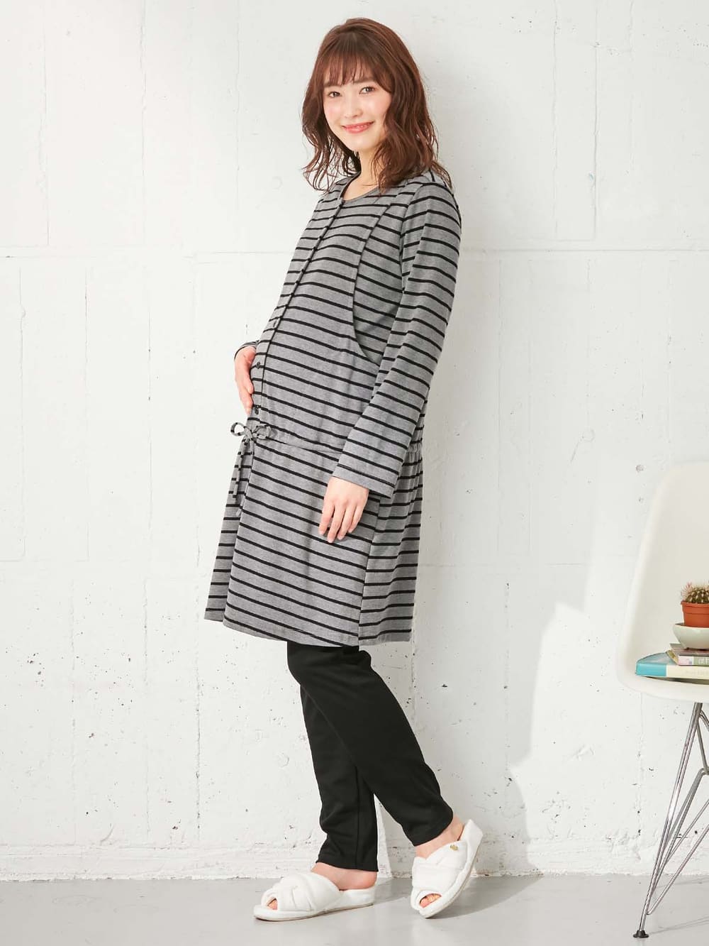 マタニティ パジャマ・ルームウェア|mutti ei（ムッティアイ）【授乳口付】スムースボーダーパジャマ|グレー
