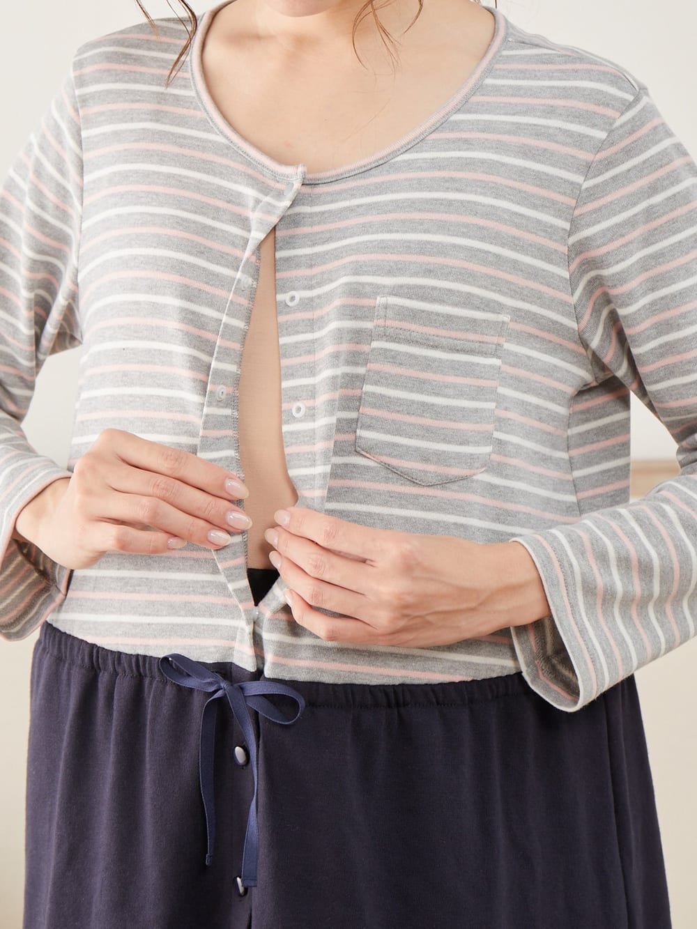 マタニティ パジャマ・ルームウェア|mutti ei（ムッティアイ）【授乳口付】【セット】ミニ裏毛ボーダー×無地パジャマ