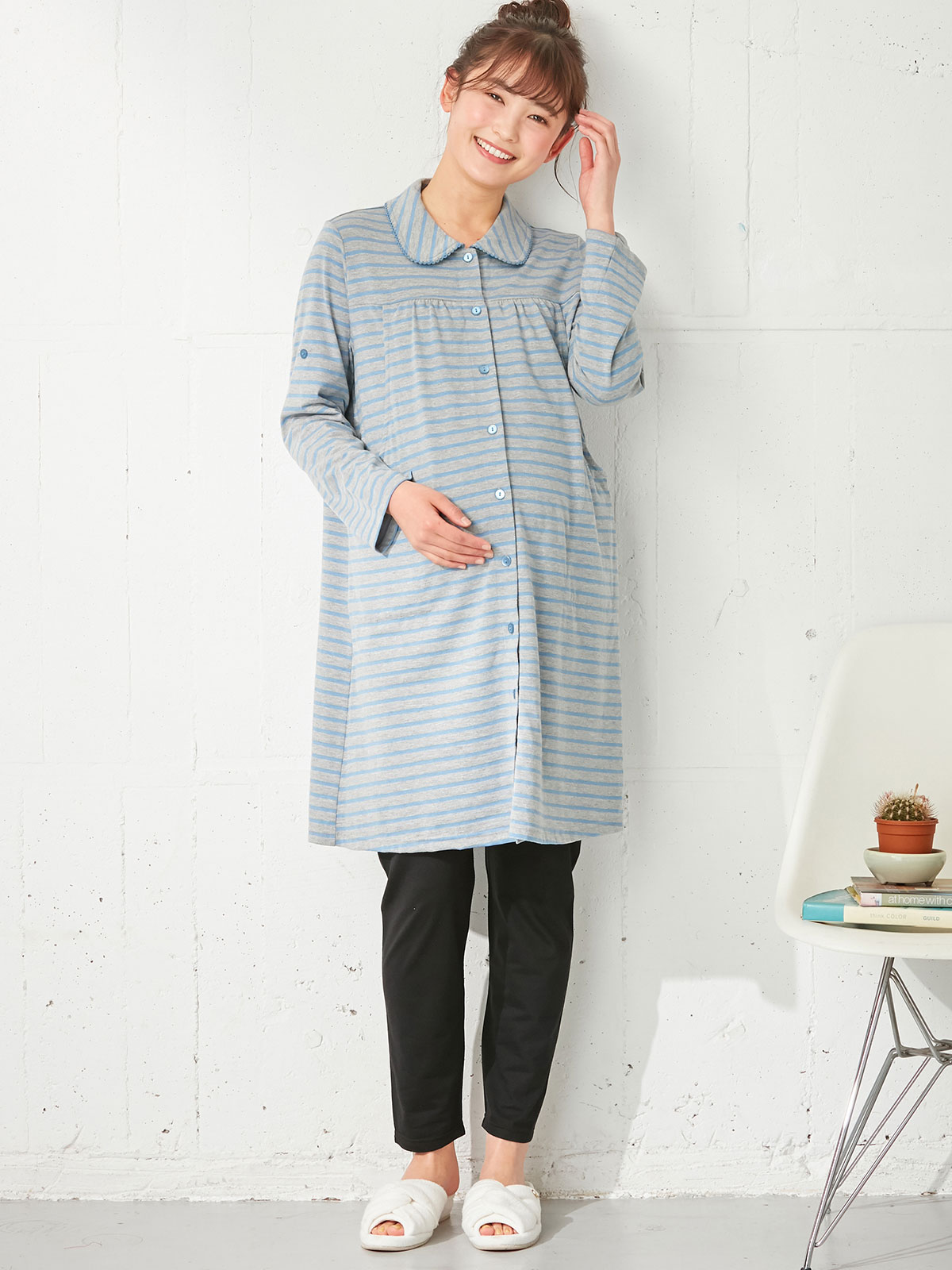 マタニティ パジャマ・ルームウェア|mutti ei（ムッティアイ）【授乳口付】天竺ボーダーパジャマ|ライトグレー