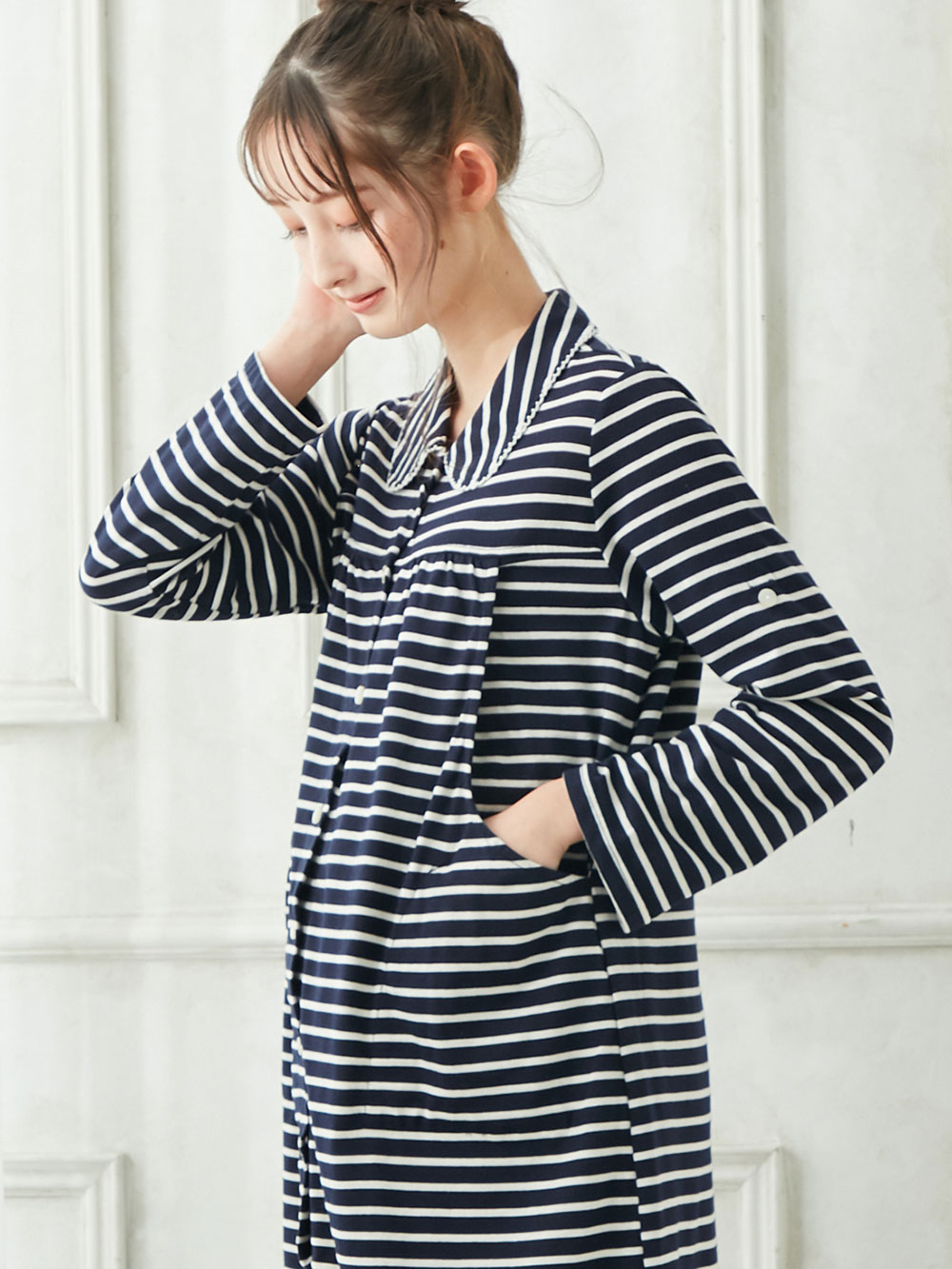 マタニティ パジャマ・ルームウェア|mutti ei（ムッティアイ）【授乳口付】天竺ボーダーパジャマ|ネイビー