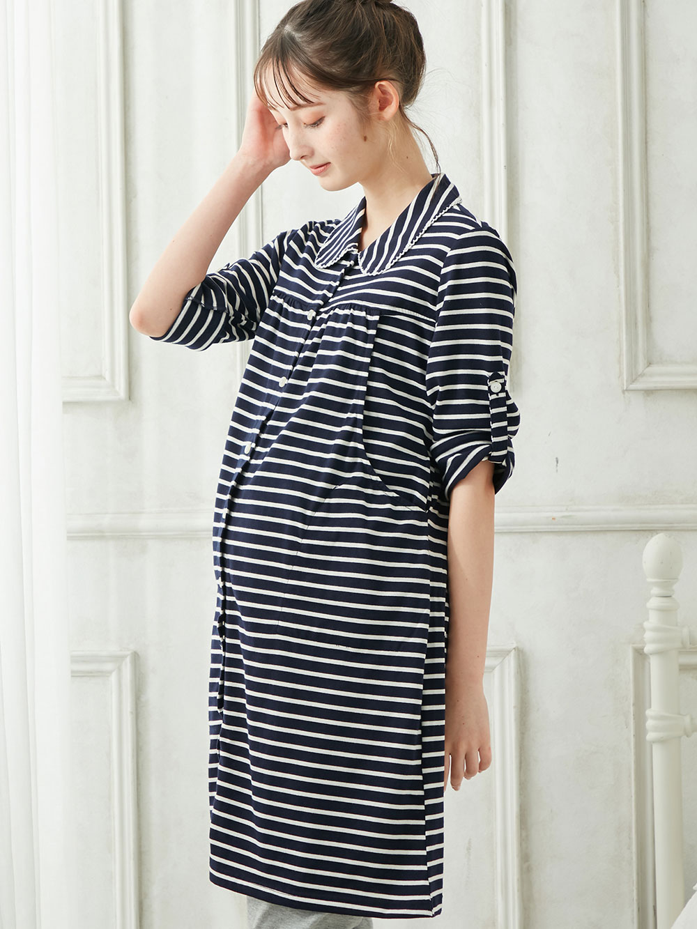 マタニティ パジャマ・ルームウェア|mutti ei（ムッティアイ）【授乳口付】天竺ボーダーパジャマ|ネイビー