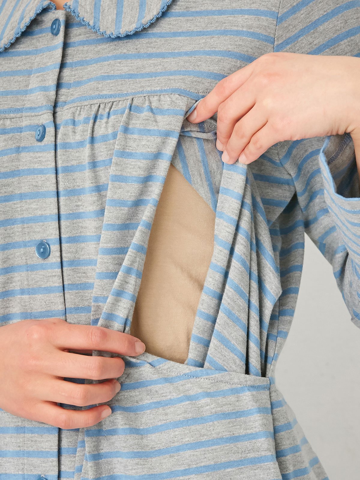 マタニティ パジャマ・ルームウェア|mutti ei（ムッティアイ）【授乳口付】天竺ボーダーパジャマ|ライトグレー