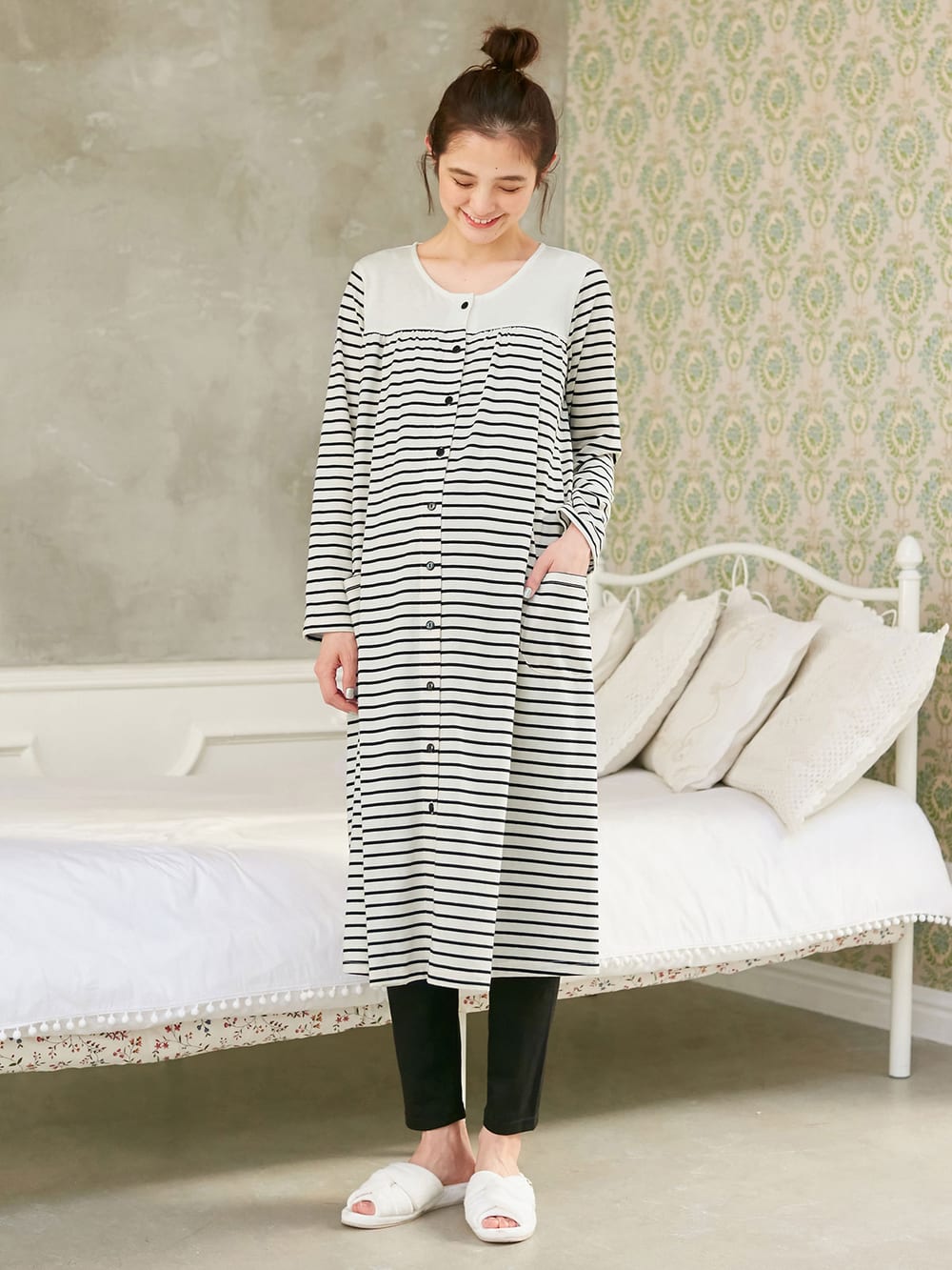 マタニティ パジャマ・ルームウェア|mutti ei（ムッティアイ）【授乳口付】天竺ボーダー2WAYパジャマ|ブラック