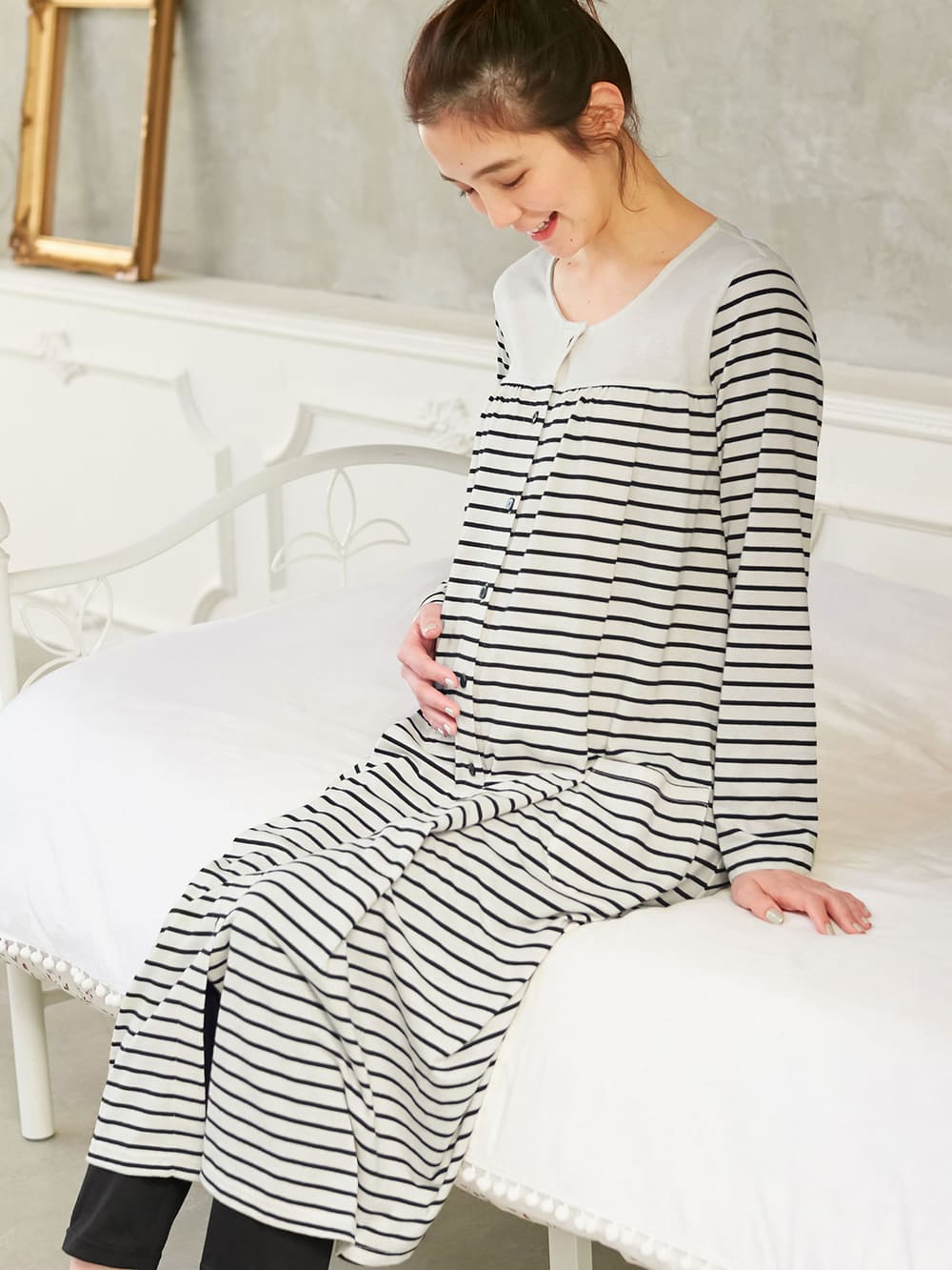 マタニティ パジャマ・ルームウェア|mutti ei（ムッティアイ）【授乳口付】天竺ボーダー2WAYパジャマ|ブラック