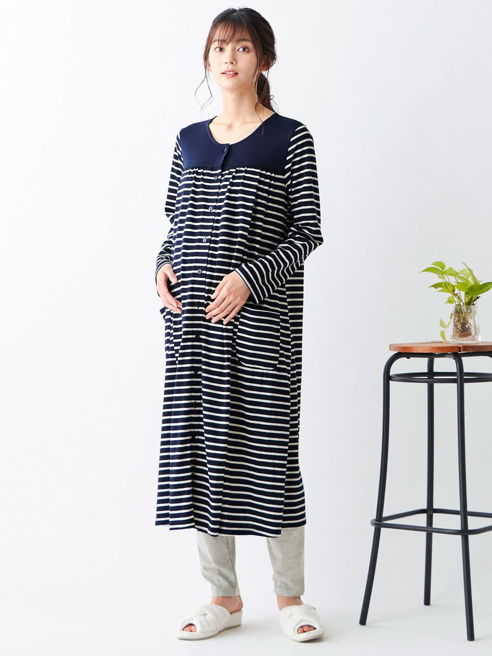 マタニティ パジャマ・ルームウェア|mutti ei（ムッティアイ）【授乳口付】天竺ボーダー2WAYパジャマ|ネイビー