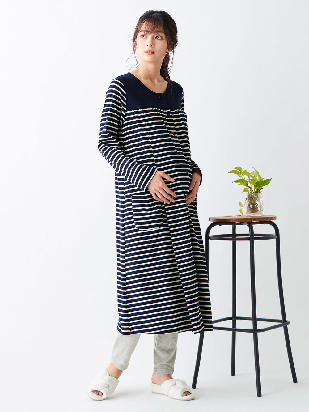 マタニティ パジャマ・ルームウェア|mutti ei（ムッティアイ）【授乳口付】天竺ボーダー2WAYパジャマ|ネイビー