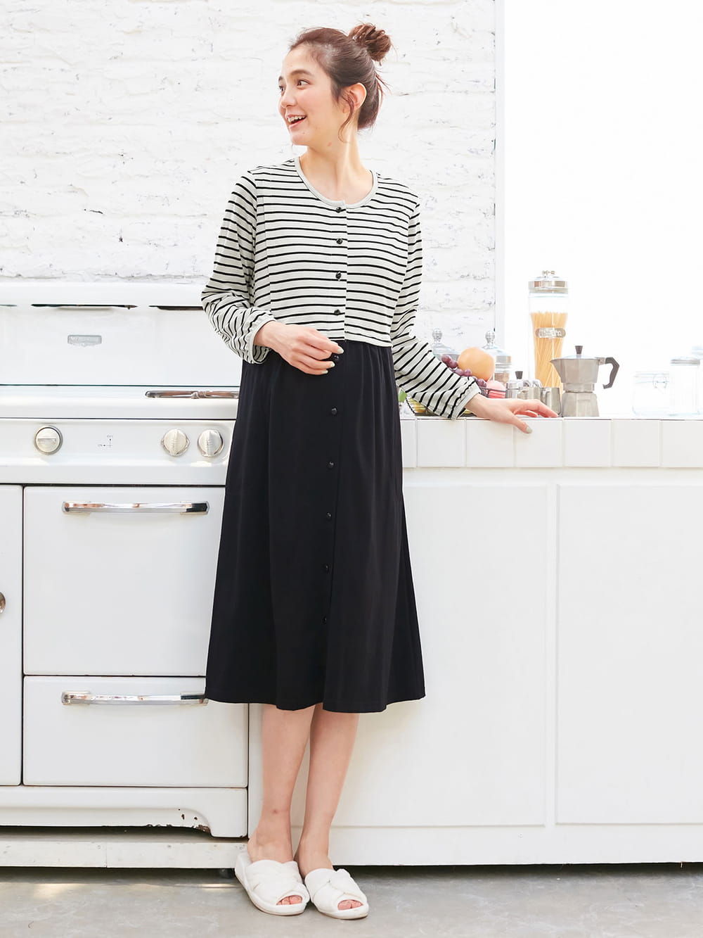 マタニティ パジャマ・ルームウェア|mutti ei（ムッティアイ）【授乳口付】天竺ボーダー×無地ネグリジェ|ブラック