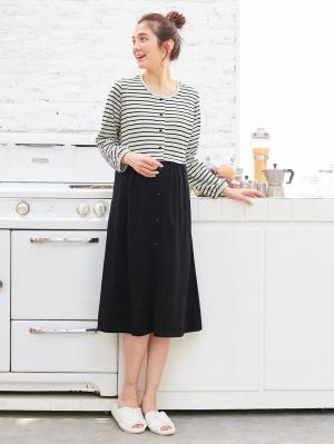 マタニティ パジャマ・ルームウェア|mutti ei（ムッティアイ）【授乳口付】天竺ボーダー×無地ネグリジェ|ブラック