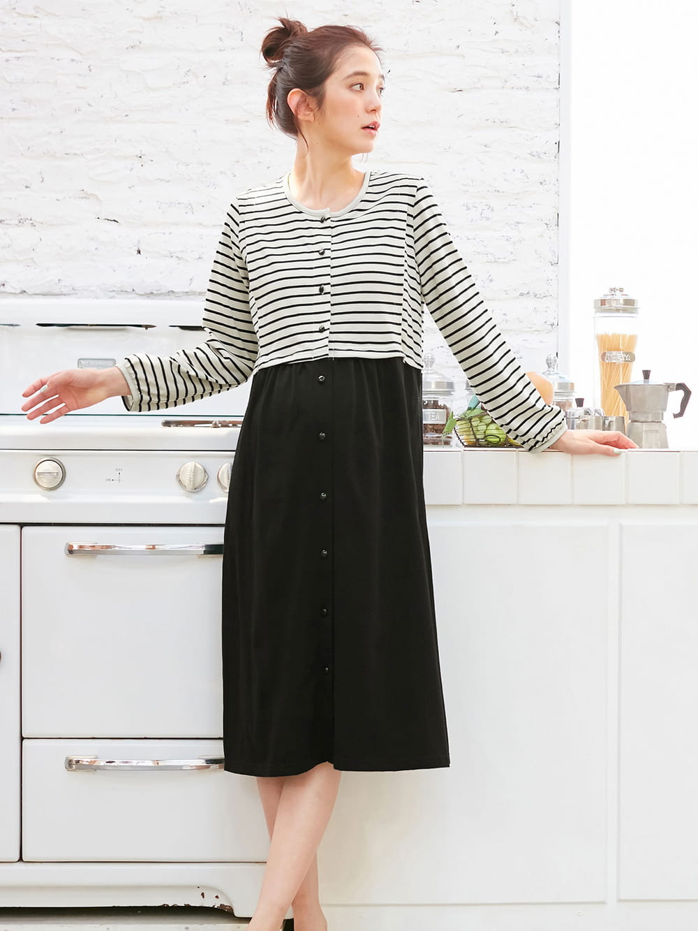 マタニティ パジャマ・ルームウェア|mutti ei（ムッティアイ）【授乳口付】天竺ボーダー×無地ネグリジェ|ブラック