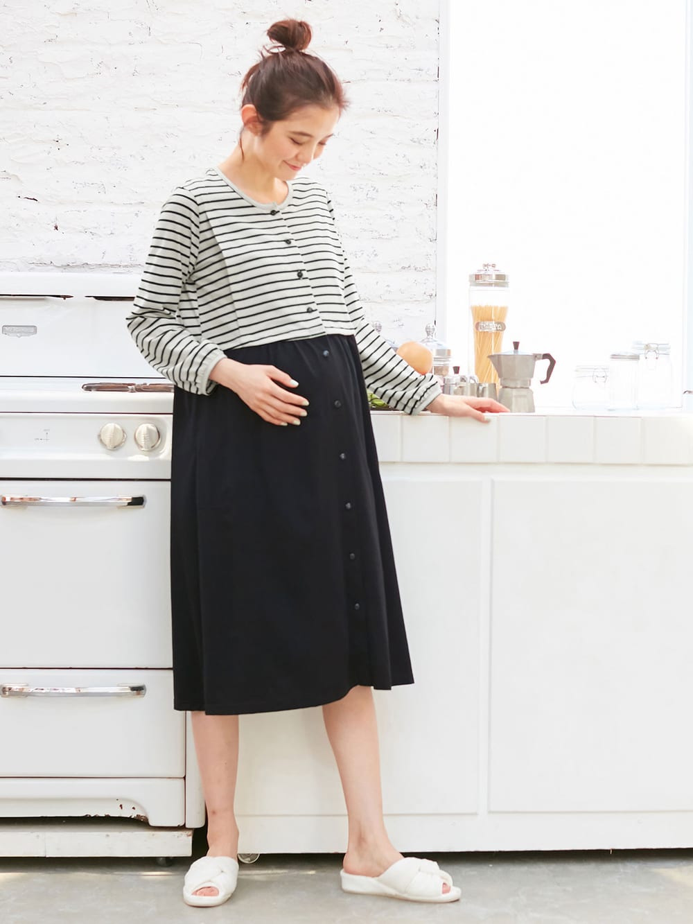 マタニティ パジャマ・ルームウェア|mutti ei（ムッティアイ）【授乳口付】天竺ボーダー×無地ネグリジェ|ブラック