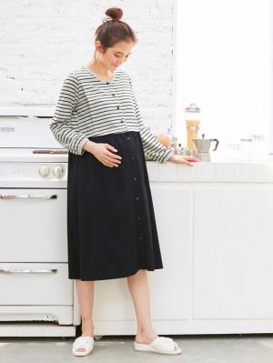 マタニティ パジャマ・ルームウェア|mutti ei（ムッティアイ）【授乳口付】天竺ボーダー×無地ネグリジェ|ブラック