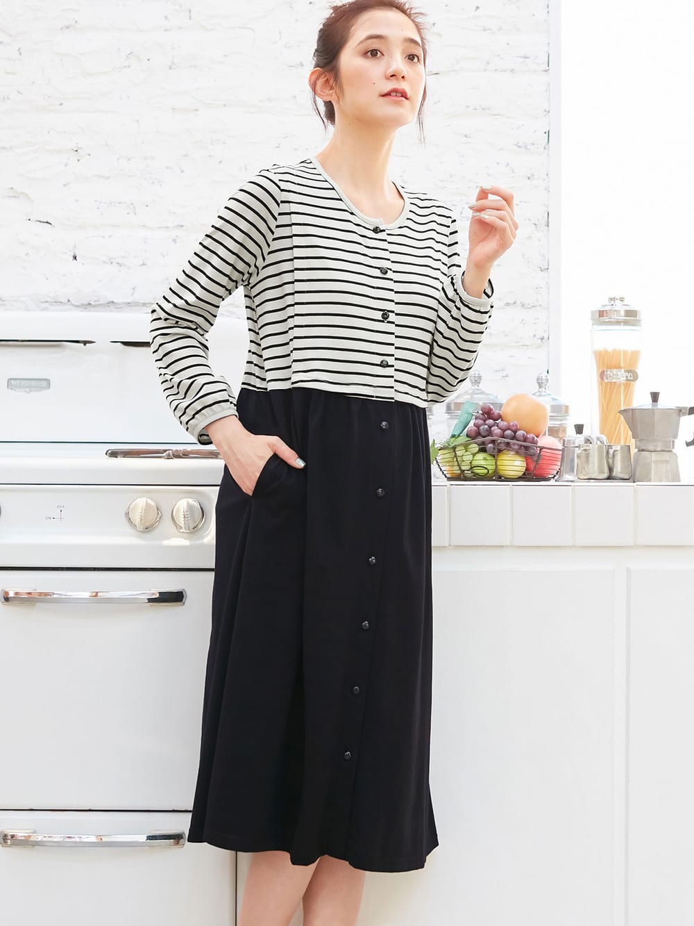 マタニティ パジャマ・ルームウェア|mutti ei（ムッティアイ）【授乳口付】天竺ボーダー×無地ネグリジェ|ブラック