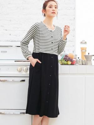 マタニティ パジャマ・ルームウェア|mutti ei（ムッティアイ）【授乳口付】天竺ボーダー×無地ネグリジェ|ブラック