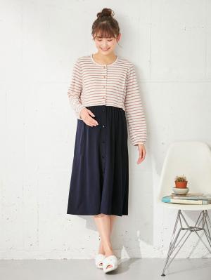 マタニティ パジャマ・ルームウェア|mutti ei（ムッティアイ）【授乳口付】天竺ボーダー×無地ネグリジェ|オレンジ