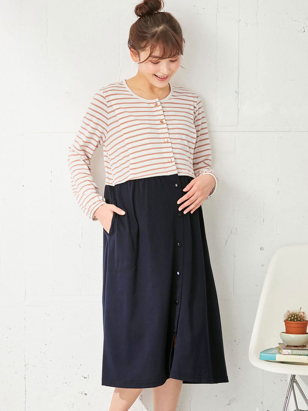 マタニティ パジャマ・ルームウェア|mutti ei（ムッティアイ）【授乳口付】天竺ボーダー×無地ネグリジェ|オレンジ