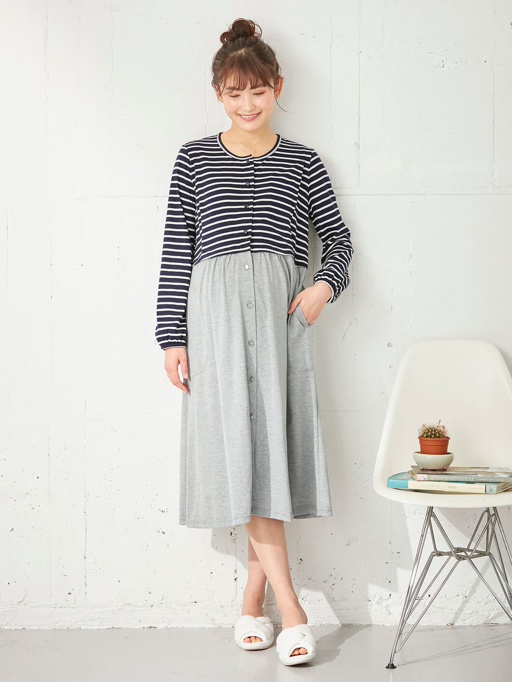 マタニティ パジャマ・ルームウェア|mutti ei（ムッティアイ）【授乳口付】天竺ボーダー×無地ネグリジェ|オレンジ