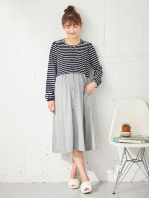 マタニティ パジャマ・ルームウェア|mutti ei（ムッティアイ）【授乳口付】天竺ボーダー×無地ネグリジェ|オレンジ