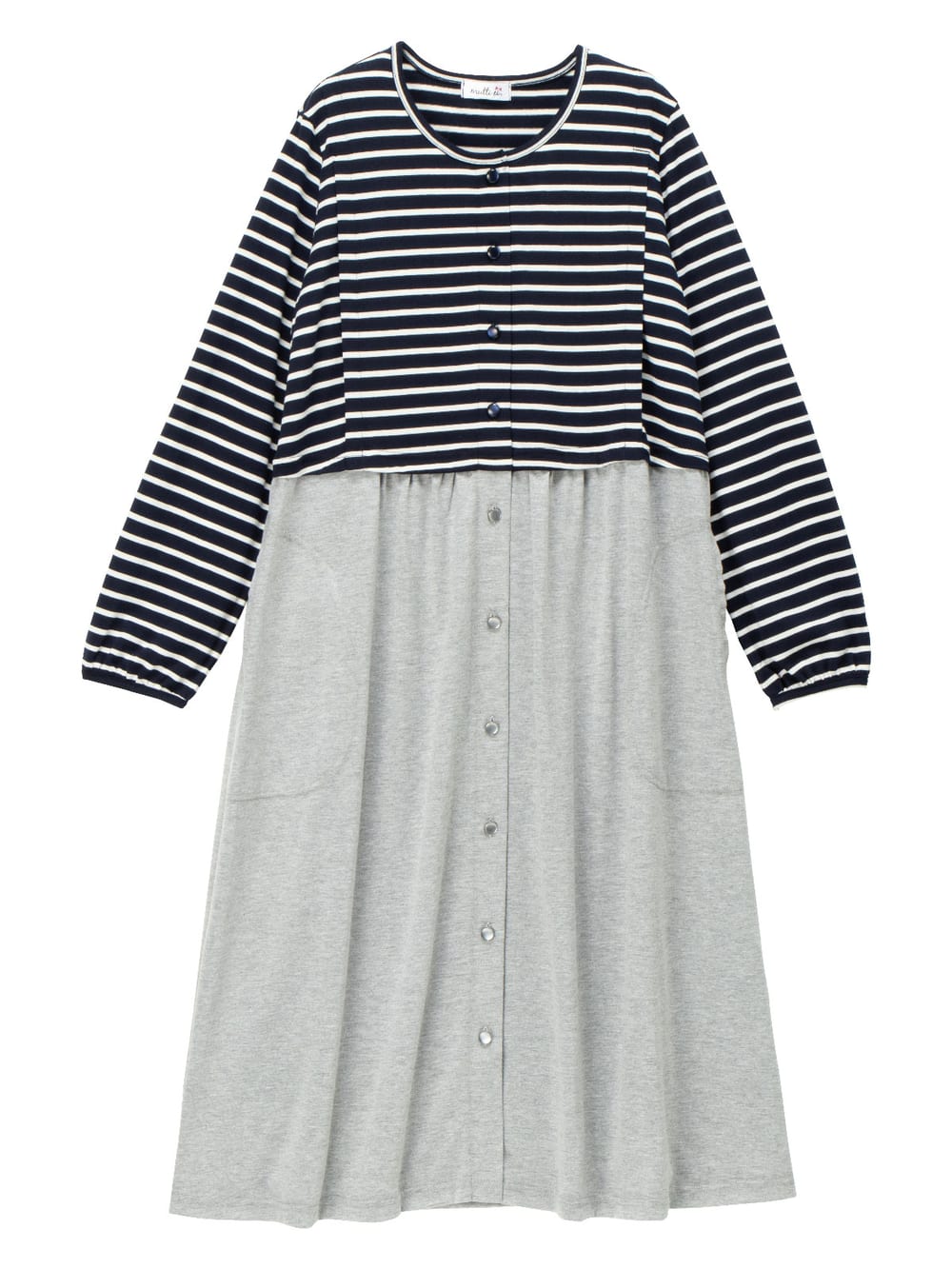 マタニティ パジャマ・ルームウェア|mutti ei（ムッティアイ）【授乳口付】天竺ボーダー×無地ネグリジェ|ネイビー