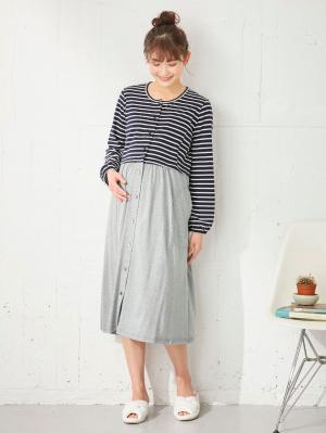 マタニティ パジャマ・ルームウェア|mutti ei（ムッティアイ）【授乳口付】天竺ボーダー×無地ネグリジェ|ネイビー