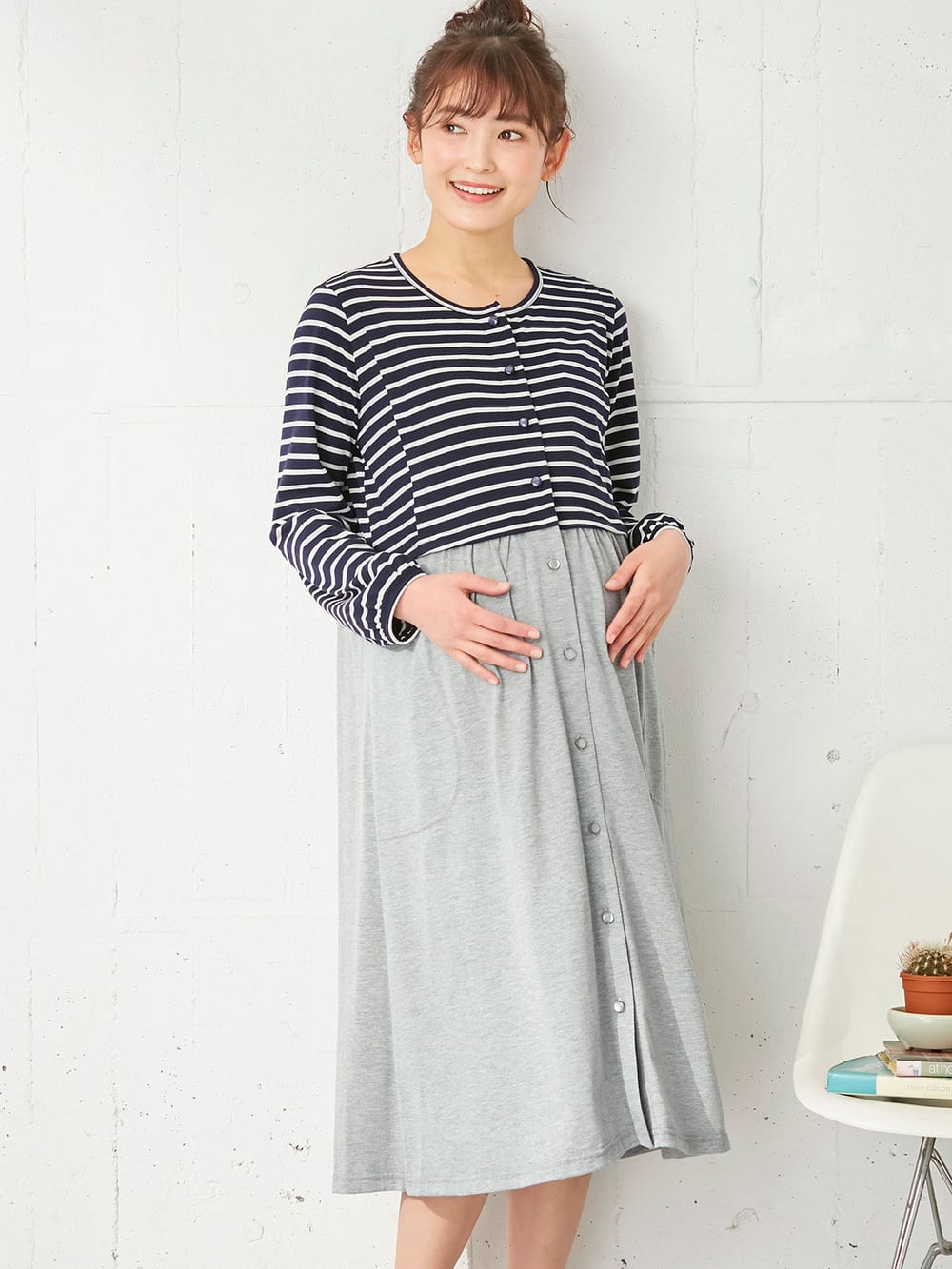 マタニティ パジャマ・ルームウェア|mutti ei（ムッティアイ）【授乳口付】天竺ボーダー×無地ネグリジェ|ネイビー