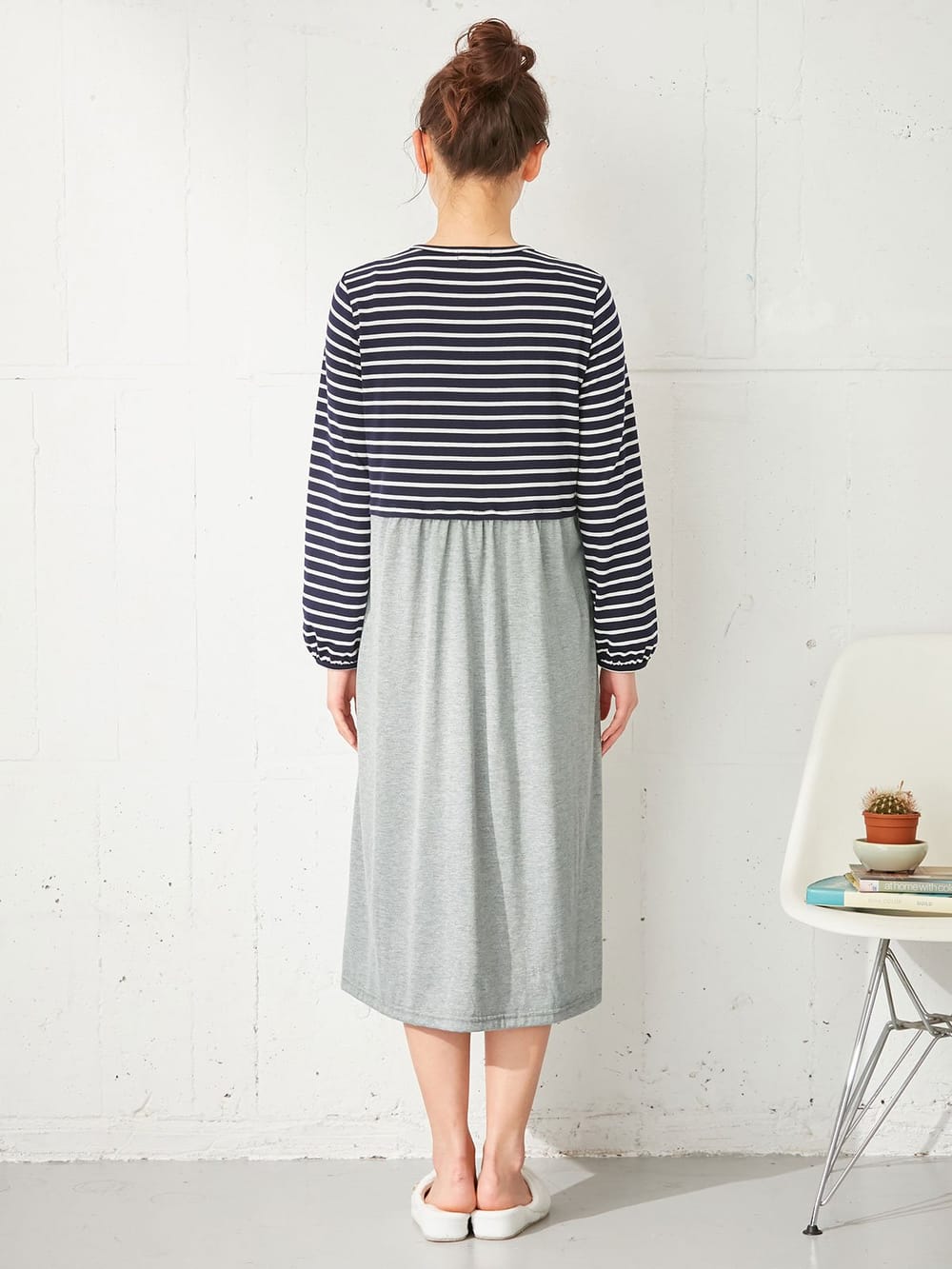 マタニティ パジャマ・ルームウェア|mutti ei（ムッティアイ）【授乳口付】天竺ボーダー×無地ネグリジェ|ネイビー