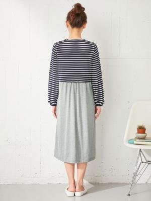 マタニティ パジャマ・ルームウェア|mutti ei（ムッティアイ）【授乳口付】天竺ボーダー×無地ネグリジェ|ネイビー