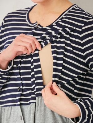 マタニティ パジャマ・ルームウェア|mutti ei（ムッティアイ）【授乳口付】天竺ボーダー×無地ネグリジェ|ネイビー