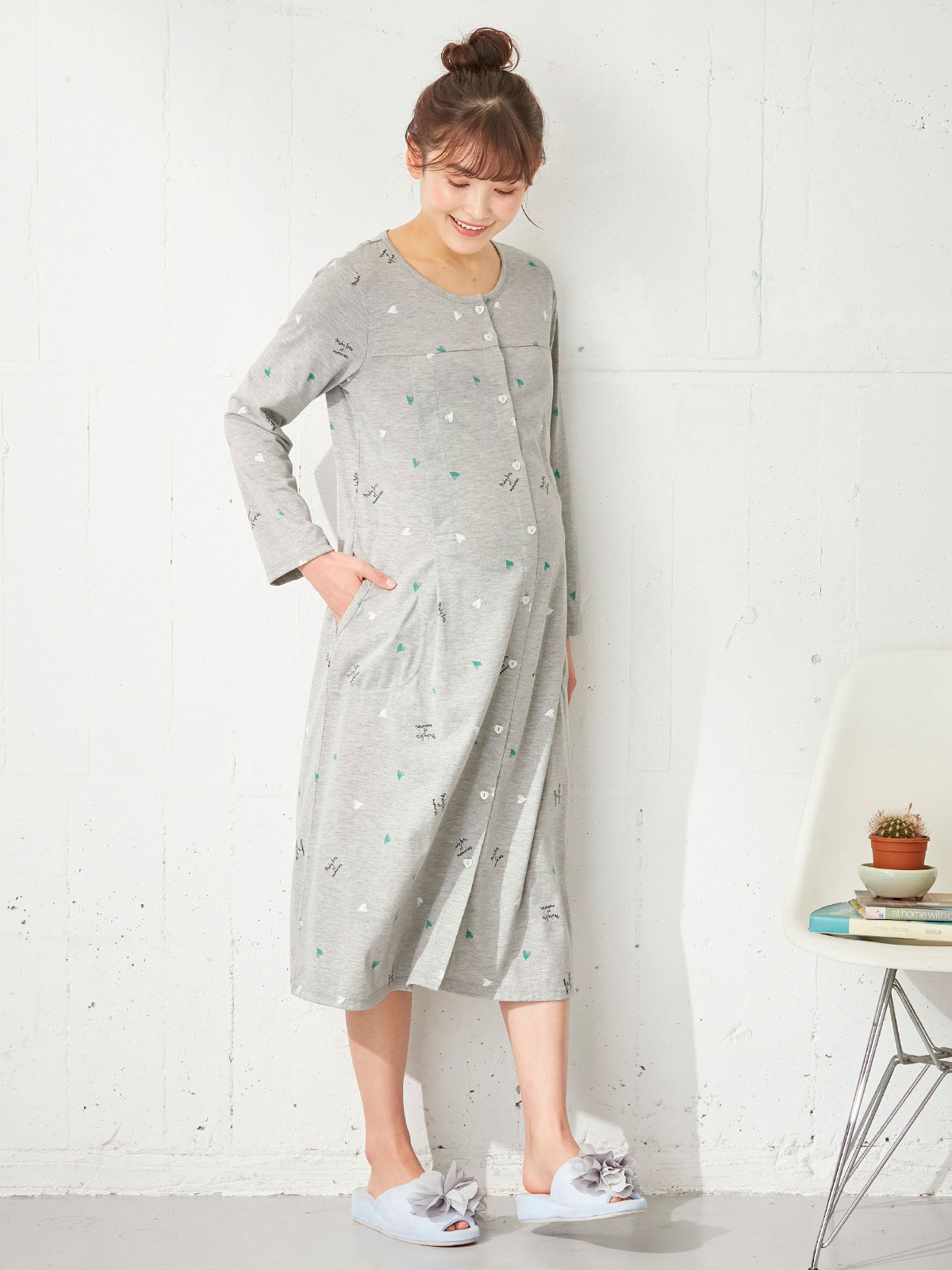マタニティ パジャマ・ルームウェア|mutti ei（ムッティアイ）【授乳口付】天竺ハート柄ネグリジェ|ライトグレー