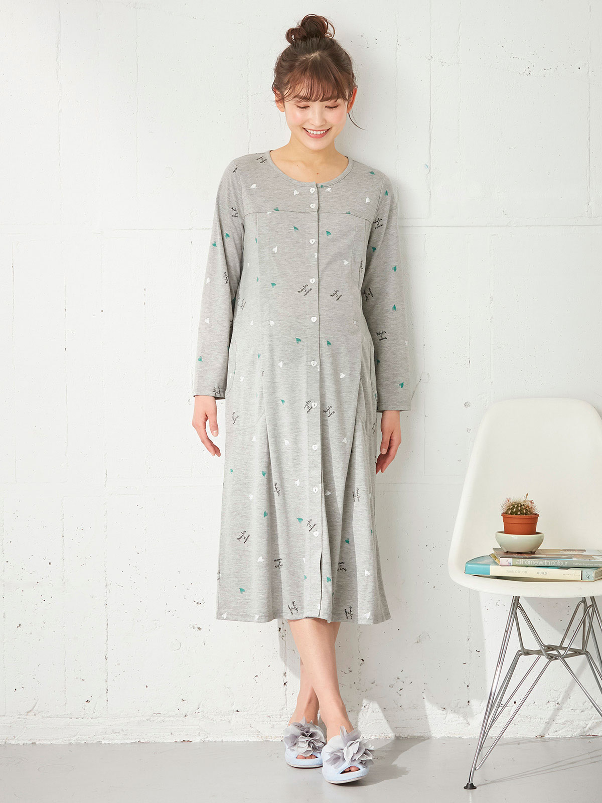 マタニティ パジャマ・ルームウェア|mutti ei（ムッティアイ）【授乳口付】天竺ハート柄ネグリジェ|ライトグレー