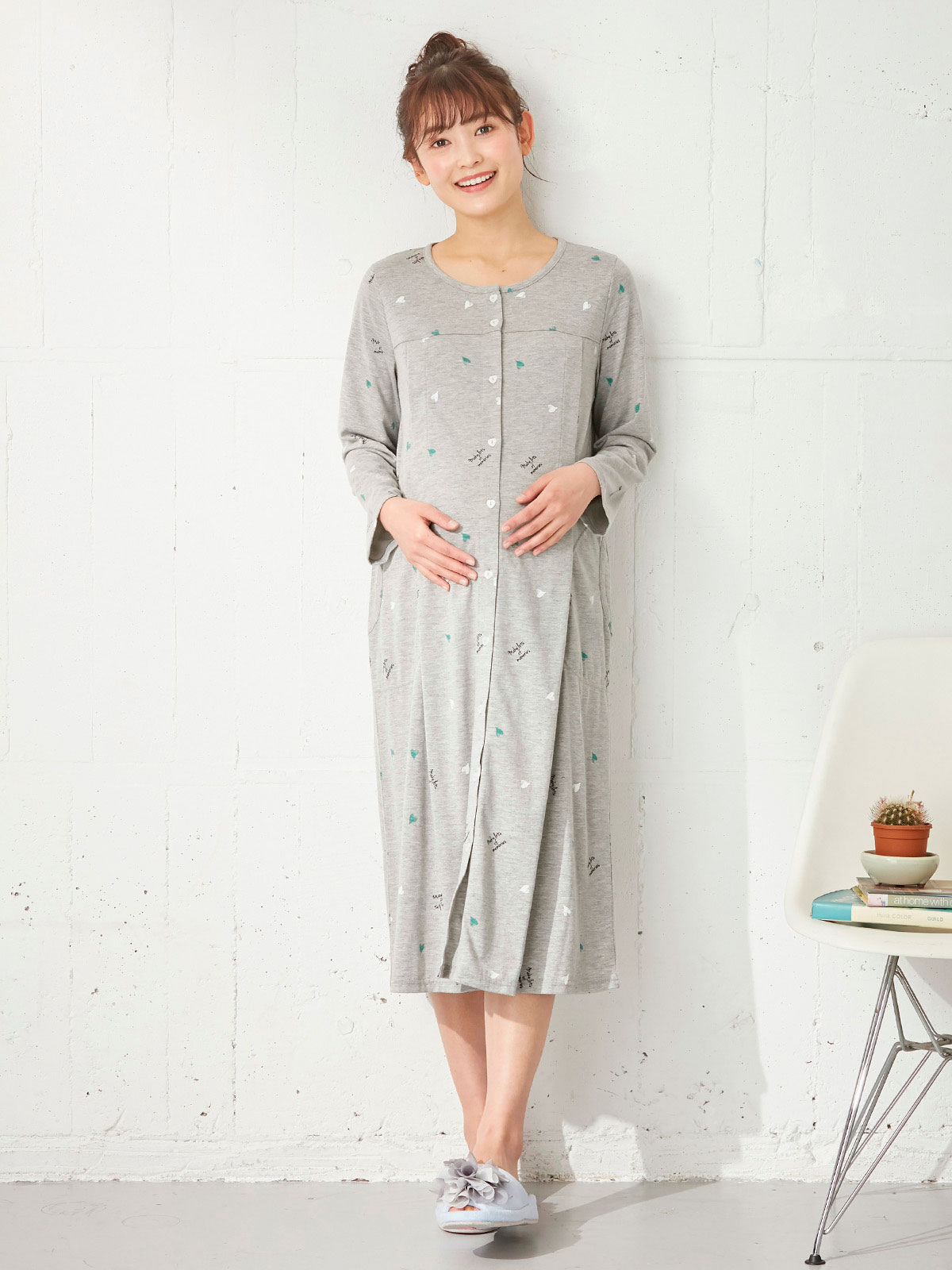 マタニティ パジャマ・ルームウェア|mutti ei（ムッティアイ）【授乳口付】天竺ハート柄ネグリジェ|ライトグレー