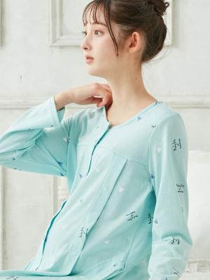 マタニティ パジャマ・ルームウェア|mutti ei（ムッティアイ）【授乳口付】天竺ハート柄ネグリジェ|ライトグリーン