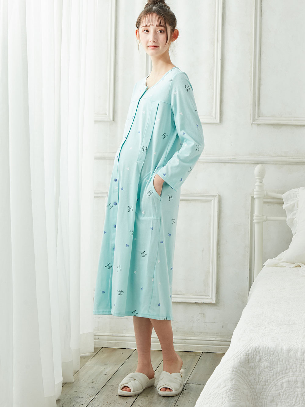 マタニティ パジャマ・ルームウェア|mutti ei（ムッティアイ）【授乳口付】天竺ハート柄ネグリジェ|ライトグリーン