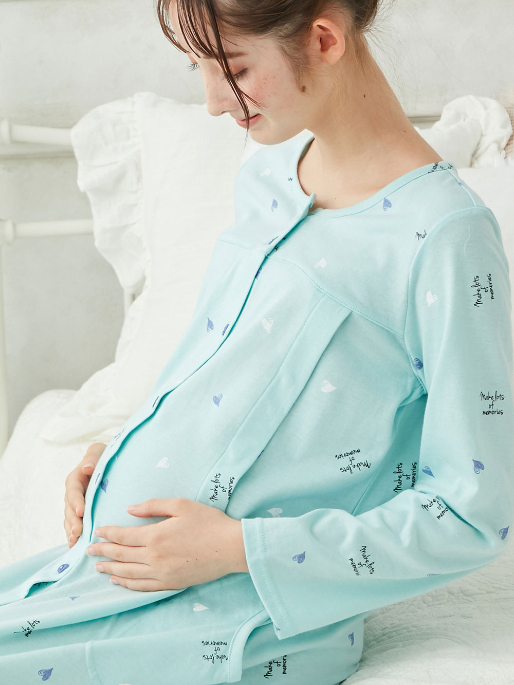 マタニティ パジャマ・ルームウェア|mutti ei（ムッティアイ）【授乳口付】天竺ハート柄ネグリジェ|ライトグリーン