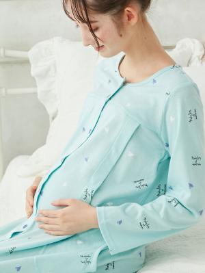 マタニティ パジャマ・ルームウェア|mutti ei（ムッティアイ）【授乳口付】天竺ハート柄ネグリジェ|ライトグリーン