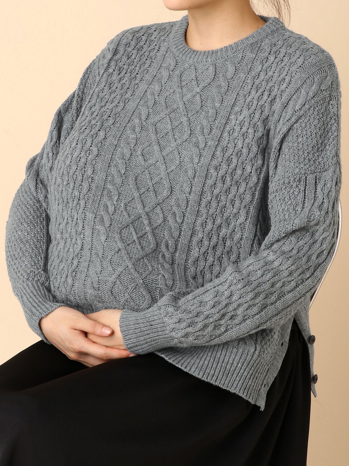 マタニティ トップス|サイドボタンケーブルニット　マタニティ・授乳服