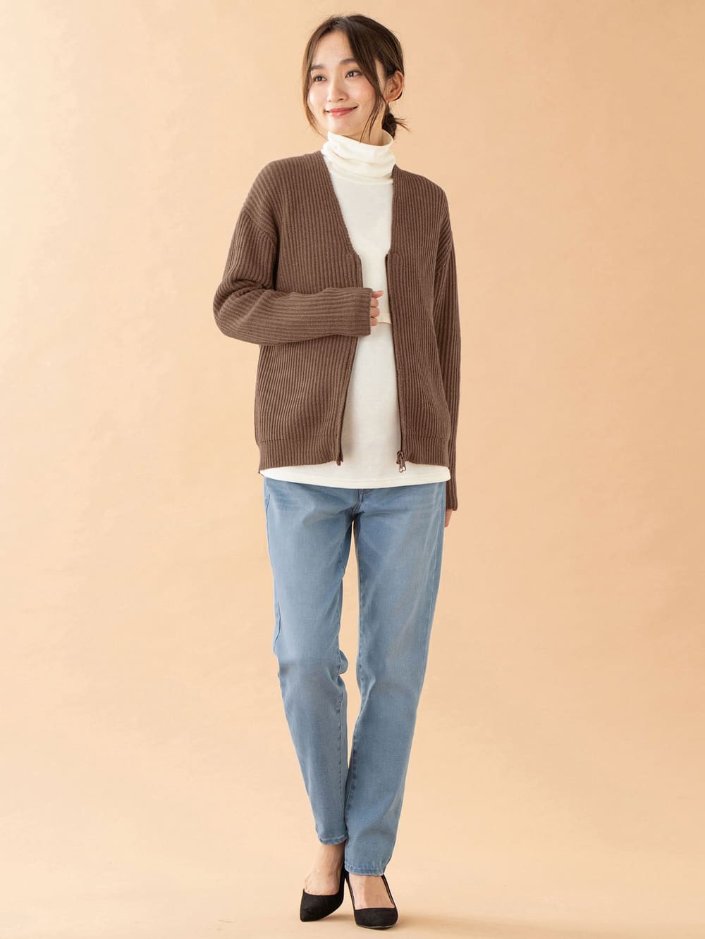 マタニティ トップス|両畦VネックダブルZIPカーデ　マタニティ・授乳服【出産後も長く使える】|杢ブラウン