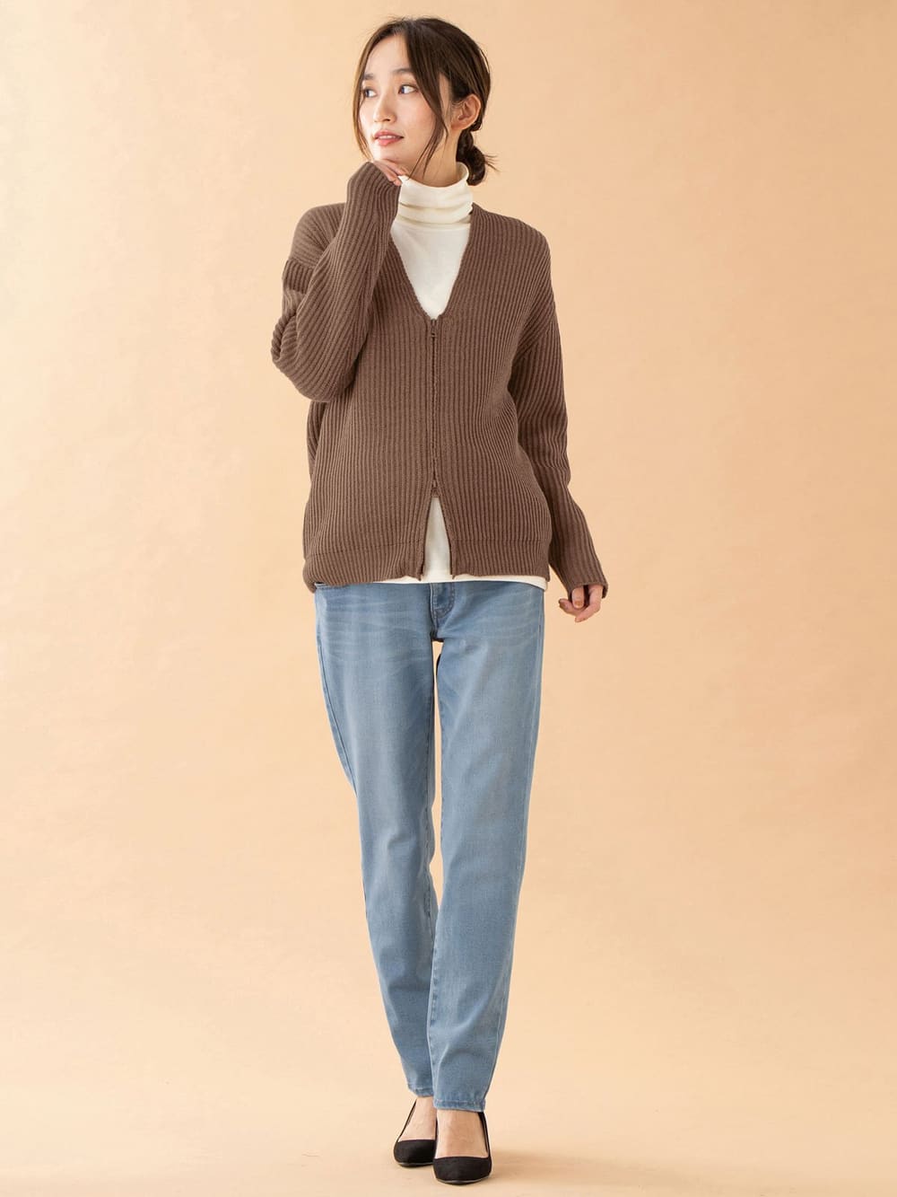 マタニティ トップス|両畦VネックダブルZIPカーデ　マタニティ・授乳服【出産後も長く使える】|杢ブラウン