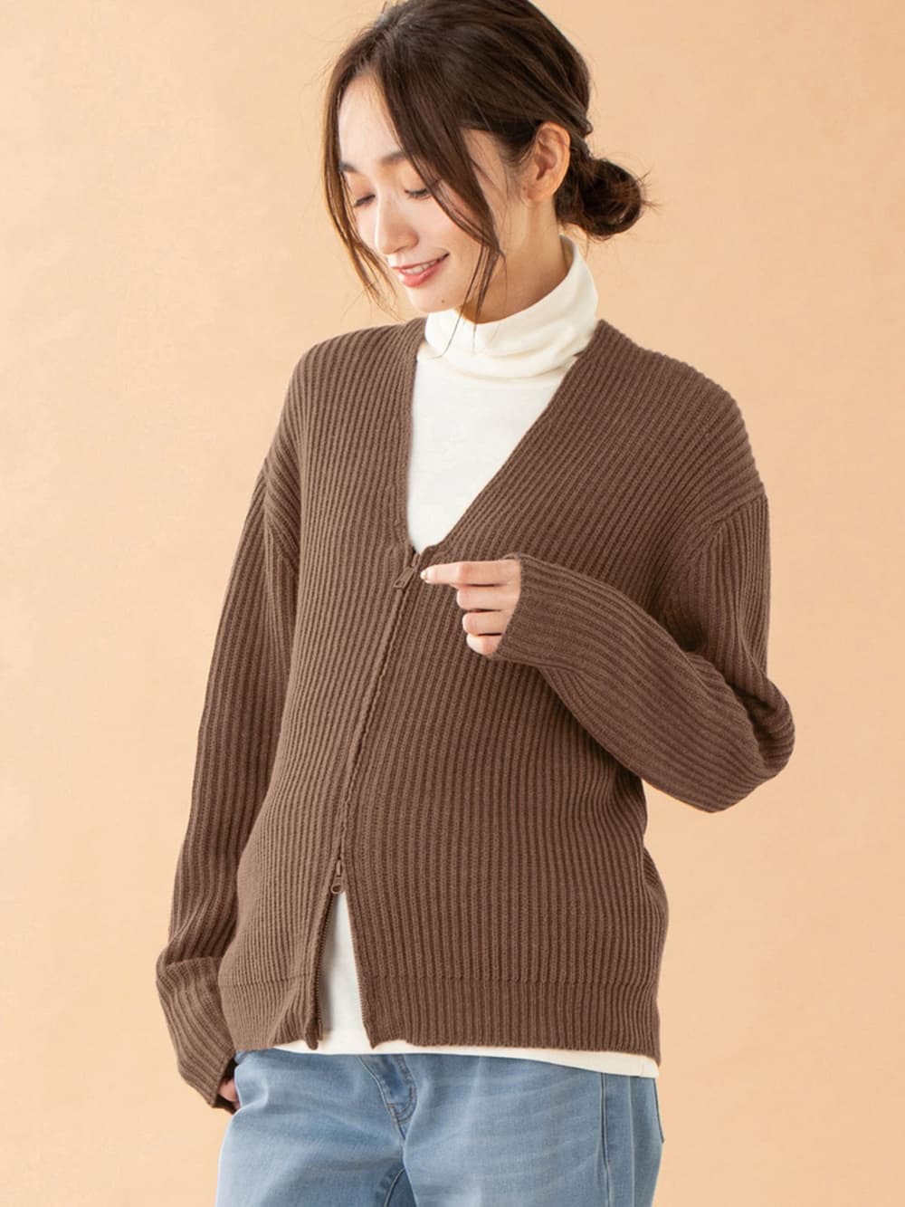 マタニティ トップス|両畦VネックダブルZIPカーデ　マタニティ・授乳服【出産後も長く使える】|杢ブラウン