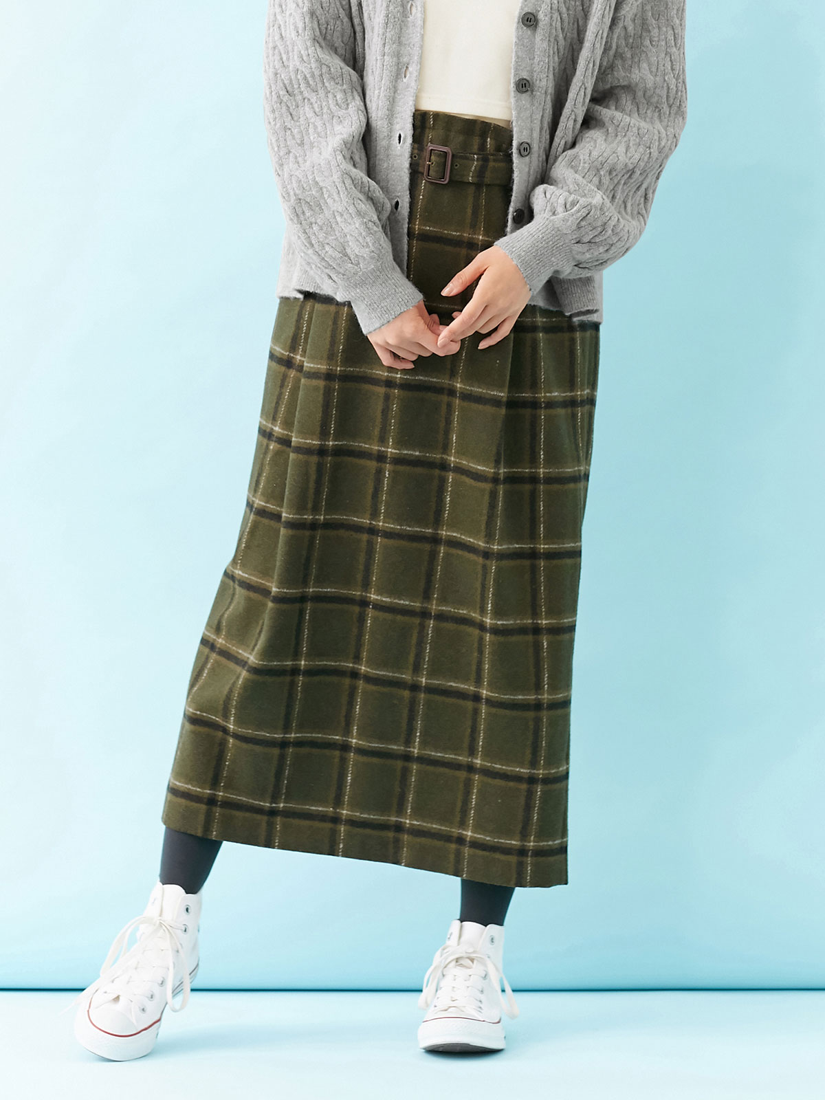 アウトレット|【産前産後対応】チェックハイウエストスカート【出産後も長く使える】|カーキ