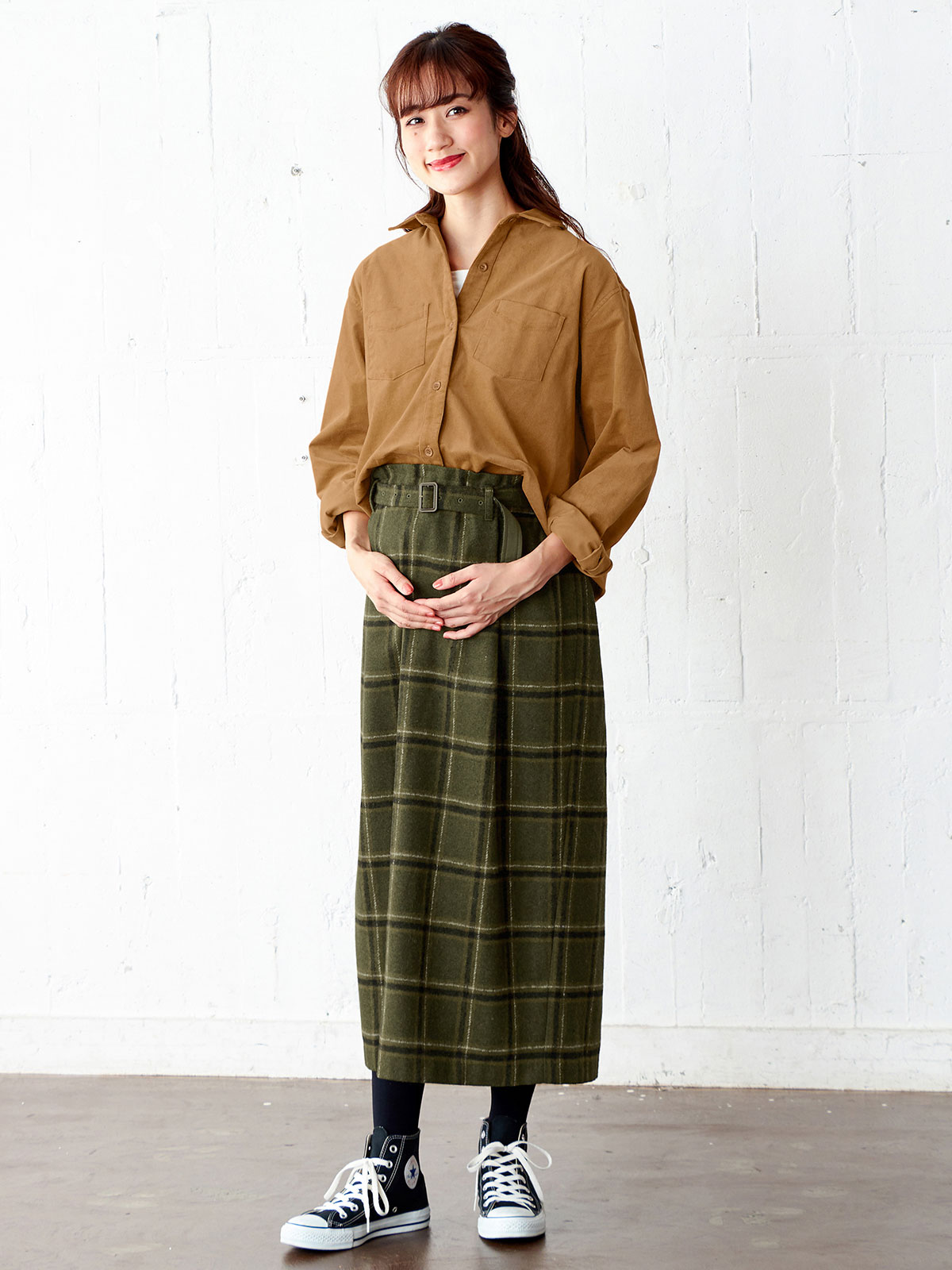 アウトレット|【産前産後対応】チェックハイウエストスカート【出産後も長く使える】|カーキ