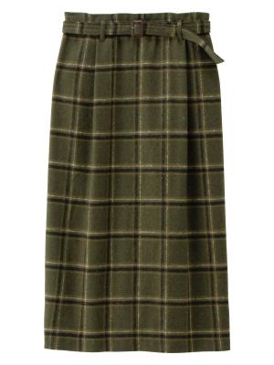 アウトレット|【産前産後対応】チェックハイウエストスカート【出産後も長く使える】|カーキ