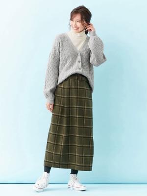 アウトレット|【産前産後対応】チェックハイウエストスカート【出産後も長く使える】|カーキ